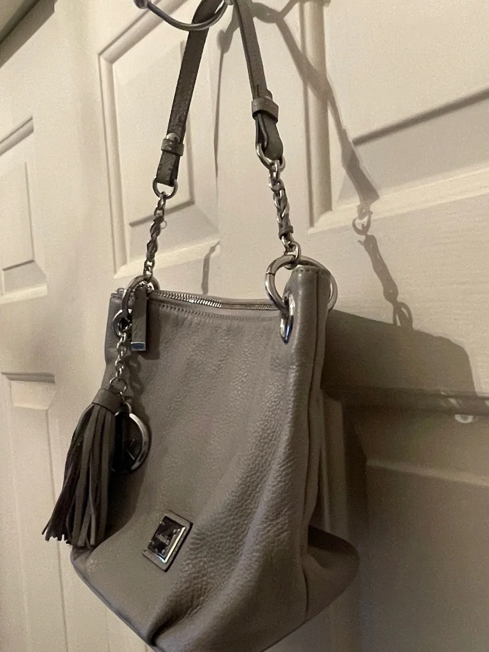 Calvin Klein Gray Pebbled Leather Hobo Shoulder Bag with Tassel & CK Charm